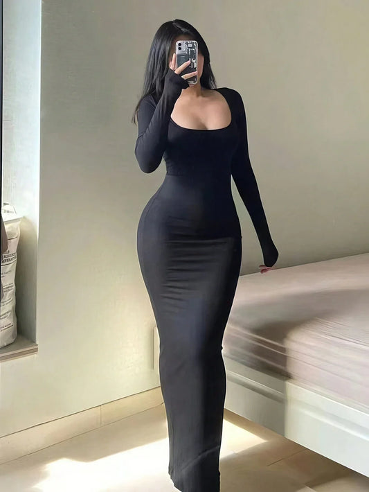 Women's Long Sleeve Bodycon Maxi Dress – Minimalist Scoop Neck