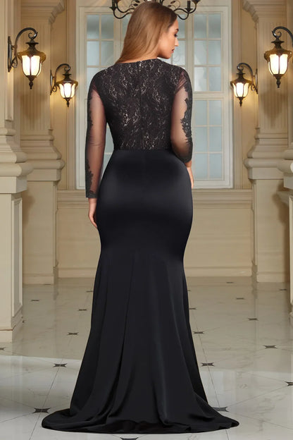Plus Size Black Lace Maxi Dress – Formal V-Neck Long Sleeve Evening Gown